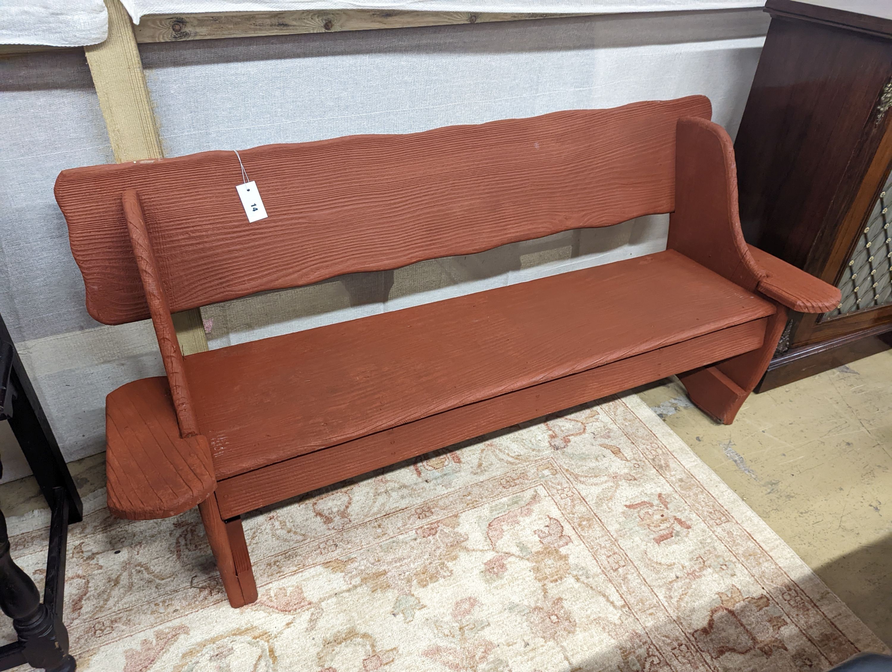 A painted low wooden garden bench, length 146cm, depth 45cm, height 71cm